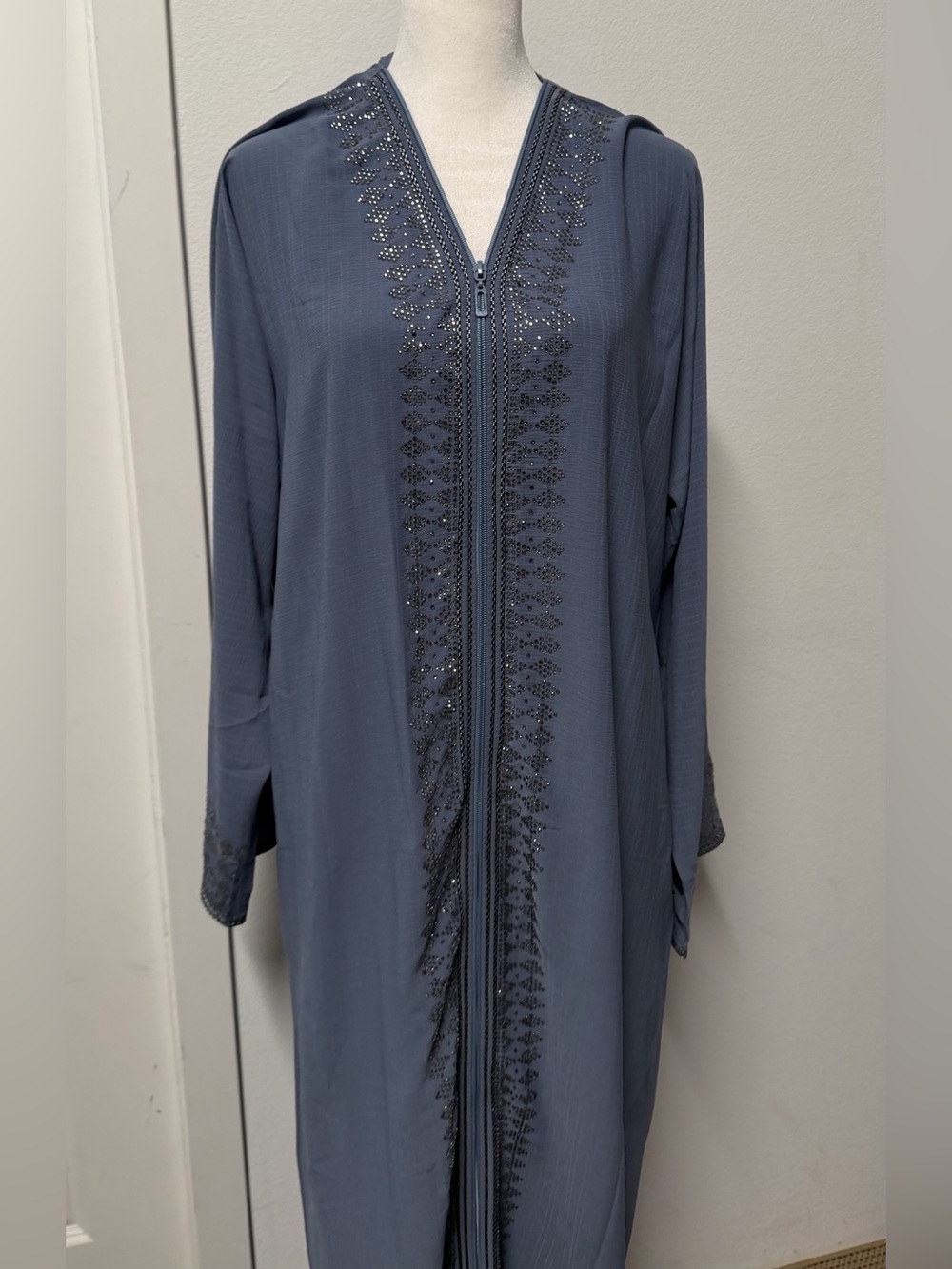 New Saudi Arabian Dusty Blue Abaya with Matching Hijab Crystal Embellishments
